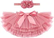 [IBTOM CASTLE] Baby Girls Tutu Skirt Sets with Diaper Cover Headband Toddler Tulle Bloomers Princess Birthday Cake Smash Photo Shoot Outfit