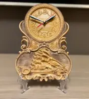 Designer Unique Hand Made Wooden Table Clock With Image Ship On Stand Vintage