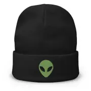 Alien Face Little Green Men Embroidered Cuff Beanie Space Invader