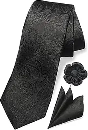[TaecMin] Black Tie Thin Black Ties for Men Paisley Neckties and Pocket Squares Set with Flower Lapel Pins for Weddings, A-black
