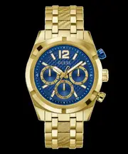 Guess Resistance Brushed Gold Tone Case With Polished Gold Tone Bezel Sunray Blue Multifunction With A Brushed And Polished Gold Tone Bracelet GW0714G2