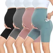 [CTHH] 4 Pack Maternity Shorts Over Belly with Pockets - 8" Pregnancy Biker Shorts Workout Yoga Pregnant Pants for Women