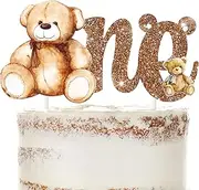 Teddy Bear First Birthday Cake Topper Brown Glitter Bear One Cake Topper Teddy Bear Baby Shower Decorations Brown Bear Cake Decorations for Boys Girls Bear Themed First Birthday Party Supplies