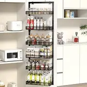 Over Door Storage 6-Tier Adjustable Pantry Door Organizer Shelves with Hook for Each Layer, Back Door Metal Hanging Spice Rack for Kitchen Pantry Bathroom (Black)