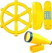 Restroma 3 Pack Kids Playground Accessories Pirate Ship Steering Wheel Plastic Steering Wheel Swingset Telephone Plastic Telescope for Kids Outdoor Playhouse Treehouse Playset (Yellow)