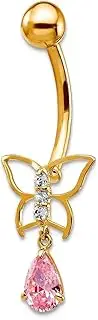 [JewelryWeb] 10k Yellow Gold Polished Screw back With Dangle Buttrfly Pink CZ Simulated Diamond Belly Ring-Dangle 31x10mm Wide Body Piercing-Screw for Women