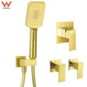 Brushed Gold Square 3 Mode Hand Held Shower Head Holder Set Hose Elbow Mixer Tap