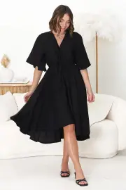 Satina Midi Dress - A Line Dress with Bell Sleeves in Black