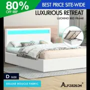 ALFORDSON Bed Frame Double Size RGB LED Gas Lift Storage Base Boucle LUCHINO