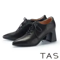 在飛比找momo購物網優惠-【TAS】羊皮綁帶尖頭粗高跟德比踝靴(黑色)