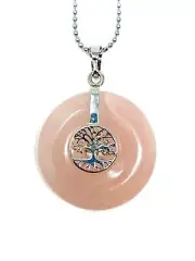 ZARD Rose Quartz Natural Gemstone Tree of Life Disc Charm Pendant Necklace