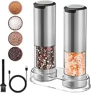 2 Pack Electric Salt and Pepper Grinder Set USB Rechargeable with LED Light, YUANRAN Adjustable Coarseness Large Capacity Automatic Salt Pepper Mill Grinder for Kitchen, Restaurant, Outdoor