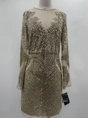Aidan Mattox Women's Beige Long Sleeve Embellished Mesh Gold Mini Dress Size 10