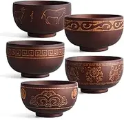 Wooden Rice Miso Soup Bowls, Set of 5 Wood Cereal Bowls, Carved Wooden Bowls Mongolian and Tibetan Style, Bowls for Serving Soup Food Salads Dip Coffee Tea, Farmhouse Rustic Tabletop Décor