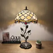 Tiffany Style Table Lamp Beige Stained Glass Crystal Beans LED Bulb H22”W12”