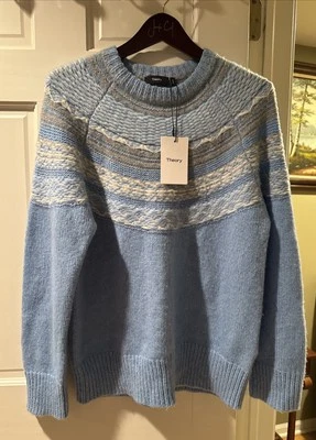 Theory Women's Blue Multi Fair Isle Wool Pullover Sweater Size S