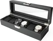 6-Slot Watch Box, Carbon Fiber Watch Display Case with Glass Lid Clear Top, Jewelry Storage Organizer for Men by Calife
