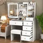 Vanity Desk with Sliding Mirror & 6 Drawers Stool, Dressing Table with LED Strip
