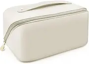 Cosmetic Bag, Large Capacity Travel Makeup Bag, PU Waterproof Storage Cosmetic Bag, Women Portable Travel Makeup Bag with Handle and Divider Flat Lay Makeup Organizer Bag (White)