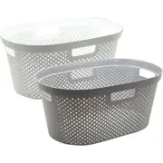 1 x Hudson Oval Laundry Basket Grey 40L Plastic Hamper Clothes Storage Washing Bin Household