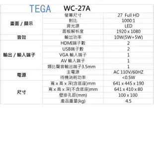 全新 TEGA 27吋 LED TV 液晶電視顯示器, FULL HD /HDMI/USB/AV