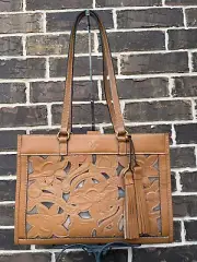 NWT $229 Patricia Nash Gianella Leather Mesh Tote Bag Hazelnut tan brown