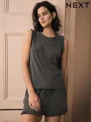 Charcoal Grey Modal Blend Frill Short Set Pyjamas (E89441) | $60