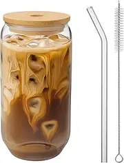Glass Tumbler with Bamboo Lid - 1 Pack, 1 Straw and 1 Brush, Iced Coffee Cup Reusable, Can Cup for Juice, Milk, Latte, Smoothie Cup, Glass Coffee Cup (Clear).