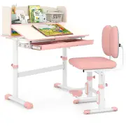 CostwayKids Height Adjustable Study Table with Tilt Desktop and Chair Set-Pink