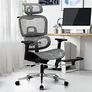 [OIKITURE] Mesh Ergonomic Office Chair with Lumbar Back Support and Footrest Home Gaming Chair Computer Desk Chair Adjustable Headrest and Chrome Steel Base Black and Grey