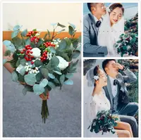 在飛比找樂天市場購物網優惠-旅拍攝影手捧花森系仿真綠植尤加利新娘婚禮自然花束白玫瑰手捧花