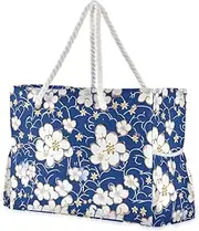 [Yoogain] Blue-FLOWER and whites Sandproof Bag Carry On with side pocketes Bag, Shoulder Weekender Perfect for Travel Pool Swim Beach Vacation Necessities, Blue-flower and Whites, 1 size