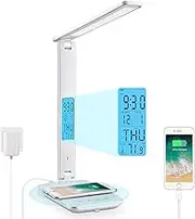 LAOPAO LED Desk Lamp with 10W Wireless Charging and USB Charging Port, 3 Colour Temperatures, 3 Brightness Levels,Touch Control, Time,Temperature,Clock Function for Home Office [White]