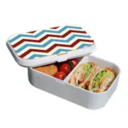 Lunch Box Food Container Picnic Authentic Wood Strap Cutlery Zigzag Blue Red