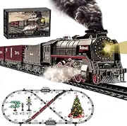 Hitish Train Set for Kids, Electric Train Toys with Realistic Light Sounds Smoke, Christmas Train Model Gifts for Toddlers Boys Girls, Steam Locomotive, Luxury Track & 3 Truck Carriages