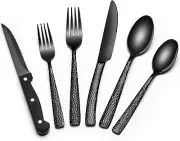 Black Hammered Silverware Set with Steak Knives, 24-Piece Stainless Steel Wave