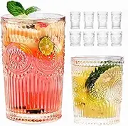 Vintage Striped Glassware Set of 8, Textured Drinking Glasses, 4 Highball Glasses 12oz & 4 Rocks Glasses 10oz, Juice Cups for Cocktails, Mojito, Beverages, for Home and Bar