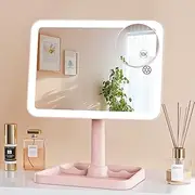 Famihomii Rechargeable Lighted Makeup Mirror for Girls, Desk Mirror with Lights, Detachable 10X Magnifying Mirror, Storage Base, 360° Rotation, Dimmable Lights for Teens