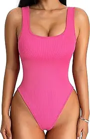 [A AGROSTE] Women's Seamless Ribbed Bodysuit Sleeveless Square Neck Padded Tank Top Bodysuit Dupes Sexy Bodysuit