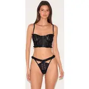 Black Textured Lace Corset Lingerie Set, Black