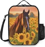 Ximjoju Kids Lunch Box, Insulated Lunch Bag for Girls & Boys, Sunflower Horse Lunch Bag with Shoulder Strap, School Bento Lunchbox for Kids Toddlers Teens, Black Reusable Cooler Thermal Meal Tote Kit