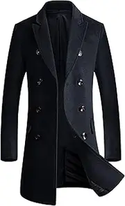 [Qolkmuiy-GJ] Men's Long Business Pea Jacket Double Breasted Knee Length Overcoat Classic Wool Blend Top Pea Coat