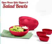 SALE Tupperware Open House Salad Bowls 4PC Red 3 Cups w/4 HANG ON LITTLE DIPPERS