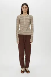 Cassian Button Down Stripe Top in Oatmeal - CAMILLA AND MARC® C&M