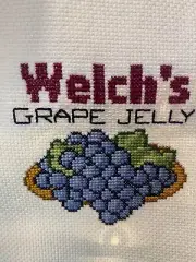 WELCH'S GRAPE JELLY Finished Needlepoint Cross Stitch vtg PURPLE Grapes 8x11
