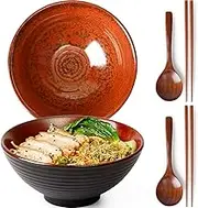 NUTRIUPS 8 Inch Ceramic Ramen Bowl Set of 2 Pho Bowls 40oz Japanese Noodle Udon Soup Bowls with Spoons and Chopsticks (Agate Red)