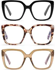 DOOViC 3 Pack Large Reading Glasses For Women Square Computer Readers Blue Light Blocking +2.25 Strength, 4 Colours-S2, 2.25