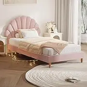 Oikiture Bed Frame Single with Scallop-Shape BedHead Pink Velvet Single Bed