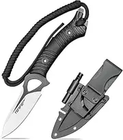 TONIFE Explorer Fixed Blade Knife with Plastic Sheath 8Cr14MoV Blade Multi-functional Knife, Fiberglass Reinforced Nylon Handle for Outdoor Camping Knife EDC Knife (Black+Black Titanium and Satin)