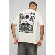 Mens Ecru Oversized Extended Neck Volcano Graphic T-shirt